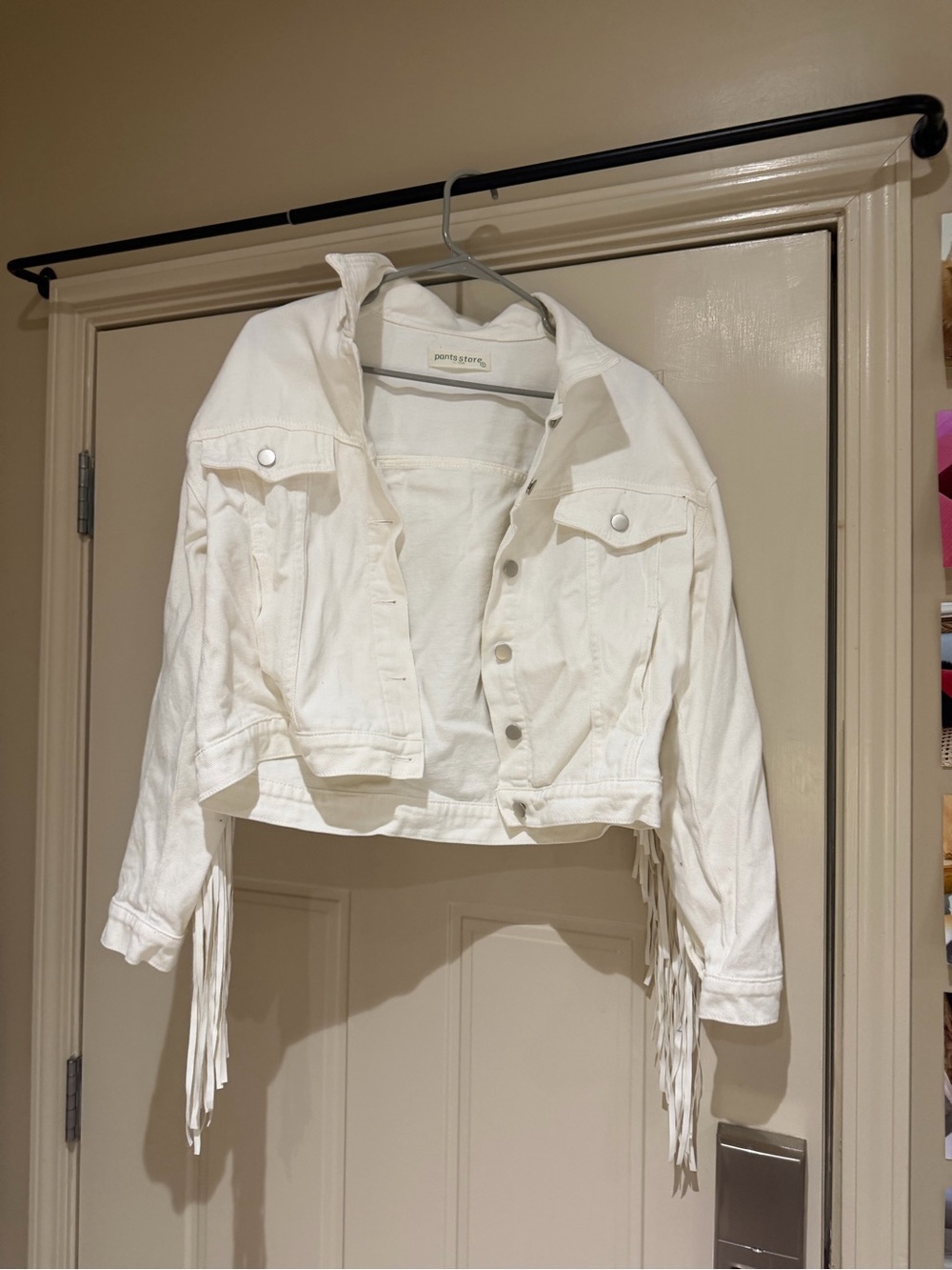 Pants Store White Cropped Fringe Denim Jacket